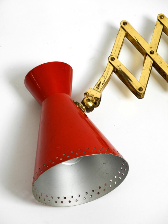 Image 1 of Original Mid Century Brass Extendable Scissor Wall Lamp With Aluminum Diabolo Shade In Red And Brass