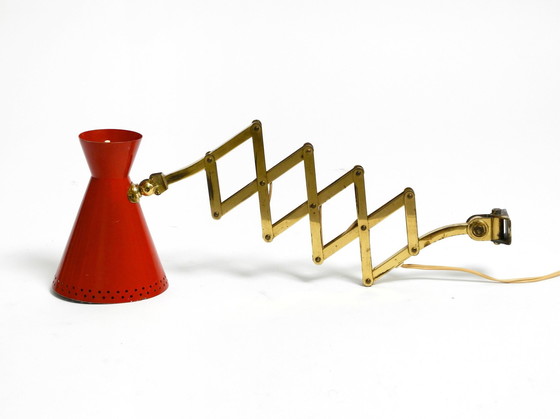 Image 1 of Original Mid Century Brass Extendable Scissor Wall Lamp With Aluminum Diabolo Shade In Red And Brass