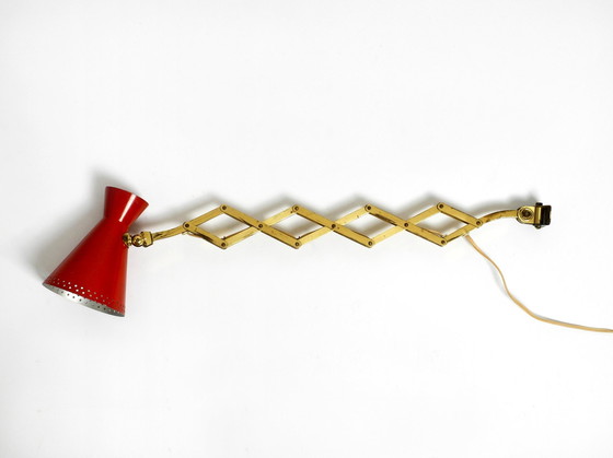 Image 1 of Original Mid Century Brass Extendable Scissor Wall Lamp With Aluminum Diabolo Shade In Red And Brass