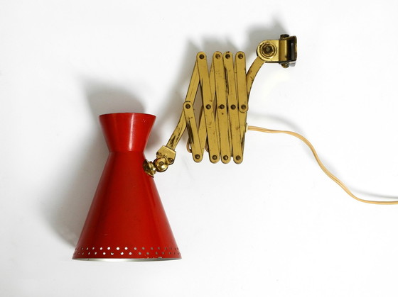 Image 1 of Original Mid Century Brass Extendable Scissor Wall Lamp With Aluminum Diabolo Shade In Red And Brass