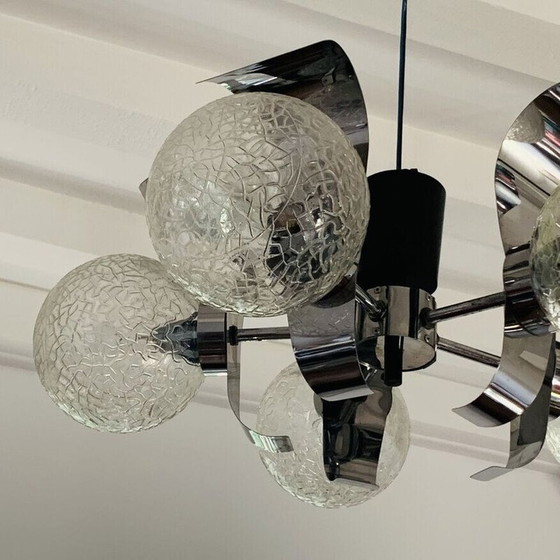 Image 1 of Lampada a sospensione vintage a 5 luci in vetro e cromo
