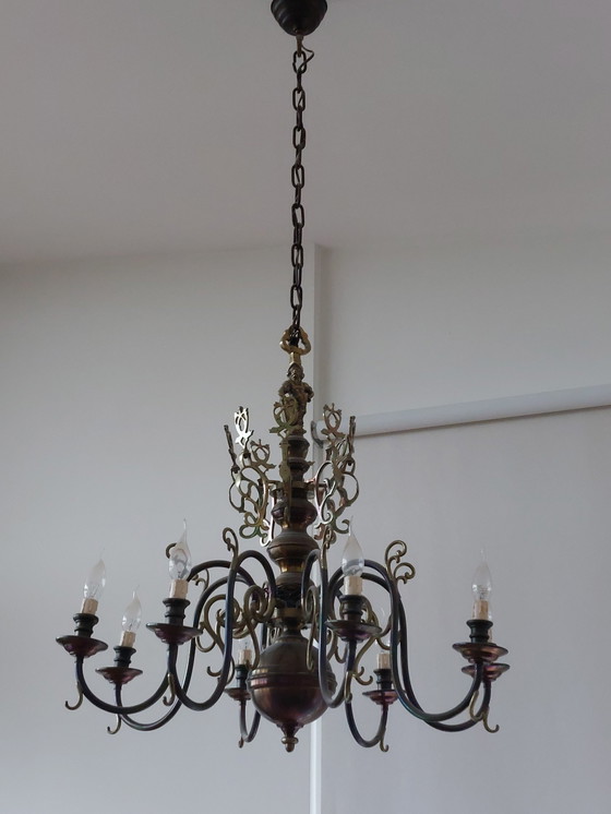 Image 1 of Dutch Brass Chandelier With 8 Candle Lights Ca. 1960 Vintage