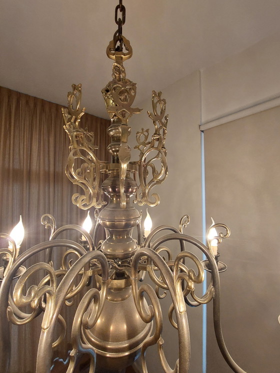 Image 1 of Dutch Brass Chandelier With 8 Candle Lights Ca. 1960 Vintage