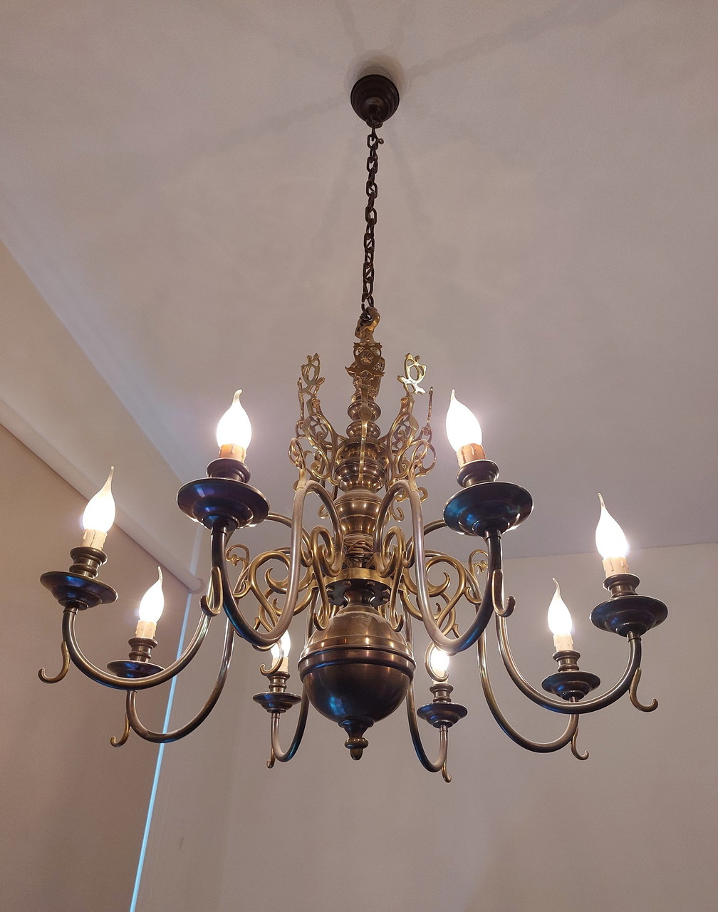 Dutch Brass Chandelier With 8 Candle Lights Ca. 1960 Vintage