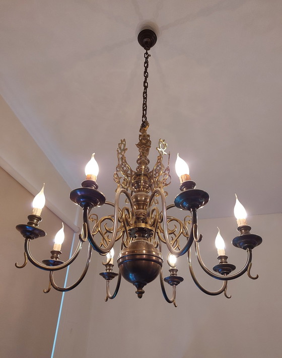 Image 1 of Dutch Brass Chandelier With 8 Candle Lights Ca. 1960 Vintage