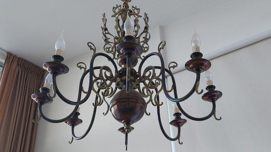 Image 1 of Dutch Brass Chandelier With 8 Candle Lights Ca. 1960 Vintage