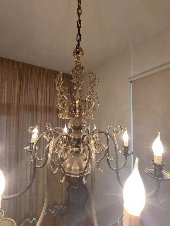 Image 1 of Dutch Brass Chandelier With 8 Candle Lights Ca. 1960 Vintage