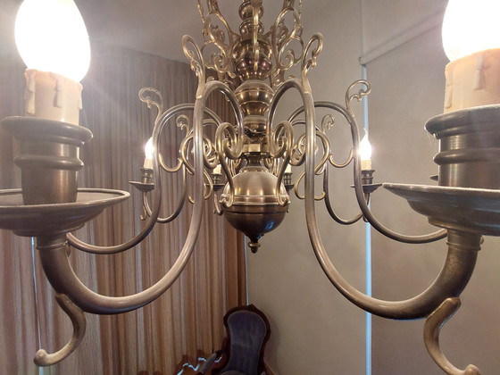Image 1 of Dutch Brass Chandelier With 8 Candle Lights Ca. 1960 Vintage