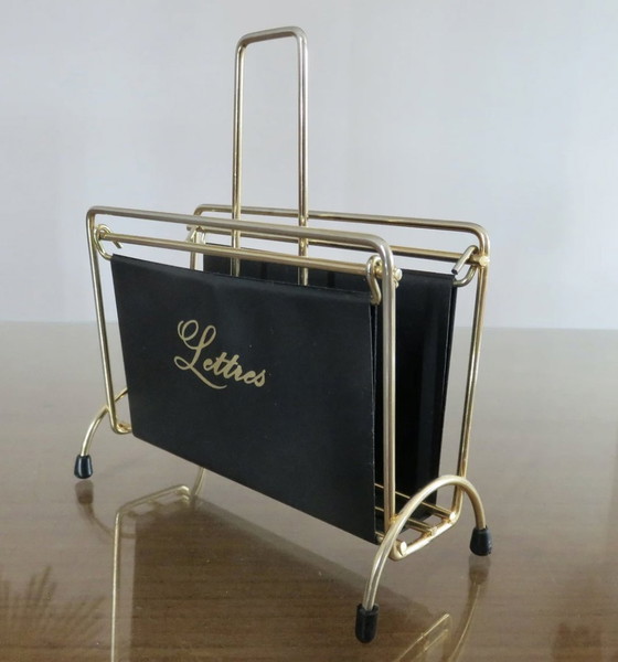 Image 1 of Letter Holder, Mail Holder, In Black Imitation Leather And Gold Metal, 1950