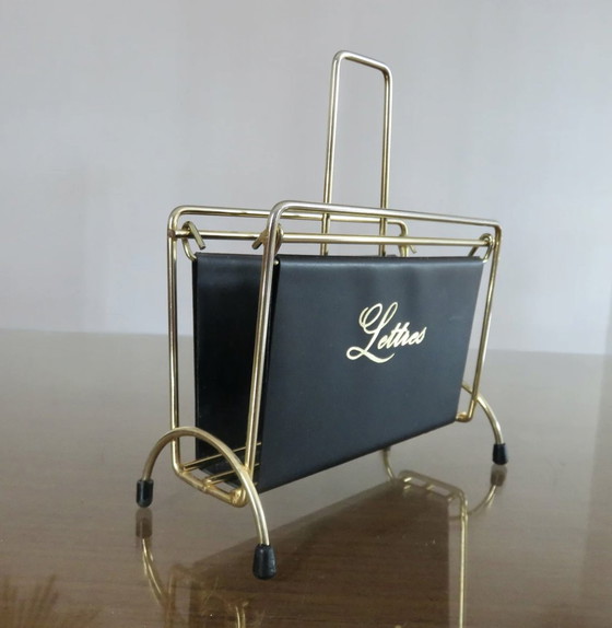 Image 1 of Letter Holder, Mail Holder, In Black Imitation Leather And Gold Metal, 1950