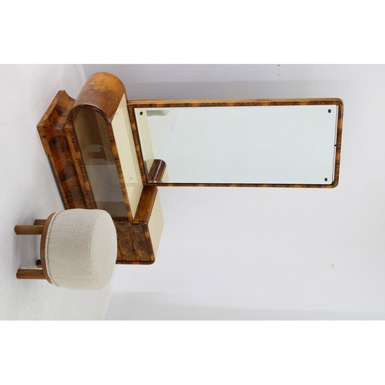 Image 1 of Vintage Art Deco Vanity mirror in walnut and stool, Czechoslovakia 1930s