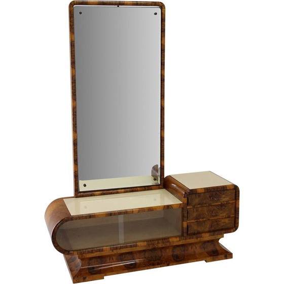 Image 1 of Vintage Art Deco Vanity mirror in walnut and stool, Czechoslovakia 1930s