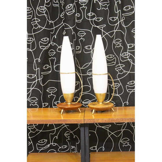 Image 1 of Pair of vintage teak and brass tripod lamp Philips 1960