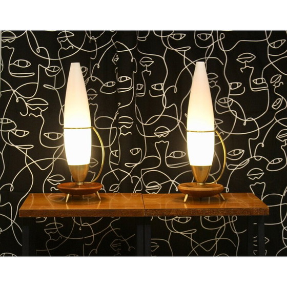 Image 1 of Pair of vintage teak and brass tripod lamp Philips 1960