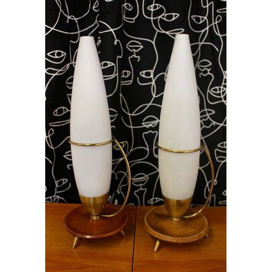 Image 1 of Pair of vintage teak and brass tripod lamp Philips 1960