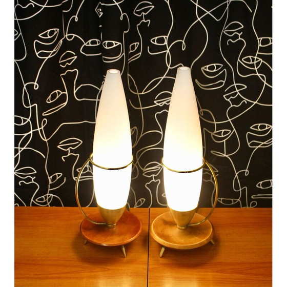Image 1 of Pair of vintage teak and brass tripod lamp Philips 1960