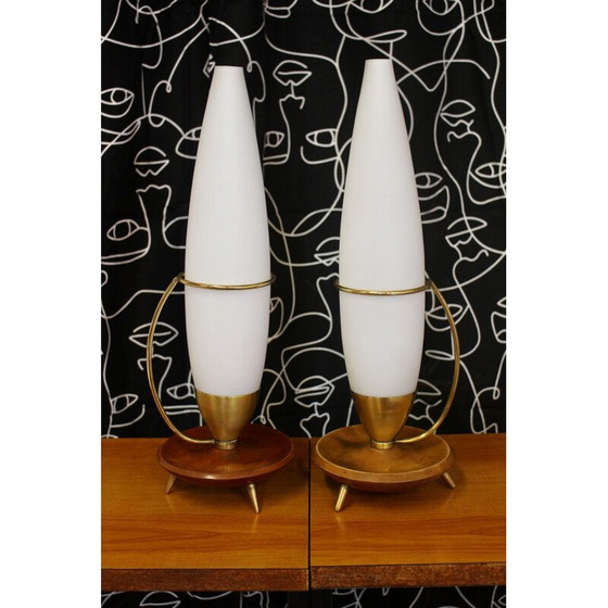 Image 1 of Pair of vintage teak and brass tripod lamp Philips 1960