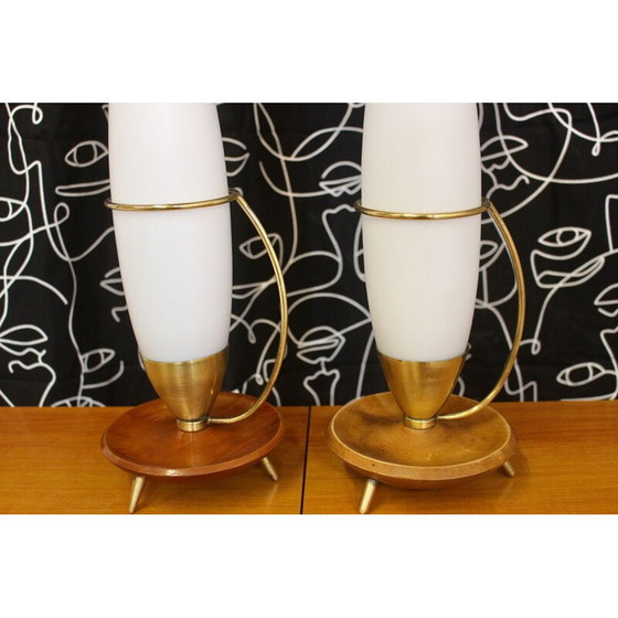 Image 1 of Pair of vintage teak and brass tripod lamp Philips 1960