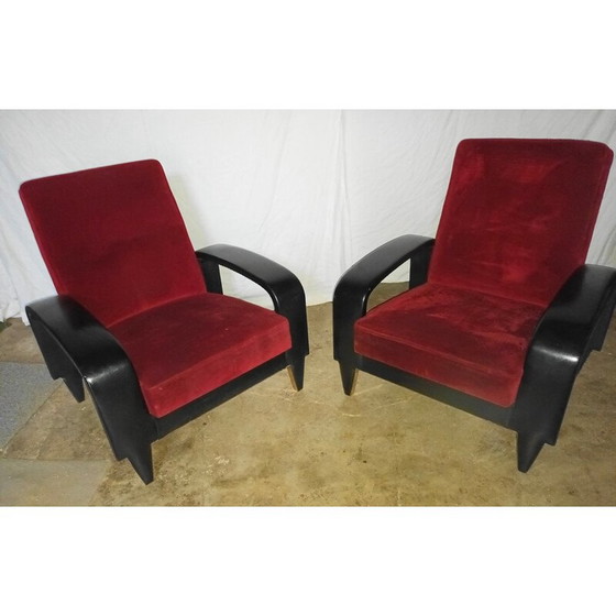 Image 1 of Pair of vintage red velvet club chairs, Italy 1950s