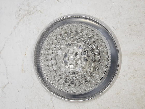 Image 1 of Plafonnier vintage anneau chromé et abat-jour en verre bullé
