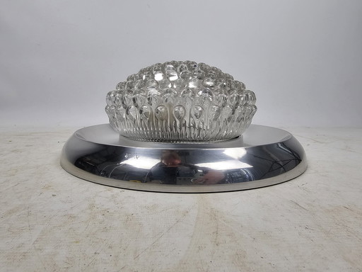 Plafonnier vintage anneau chromé et abat-jour en verre bullé