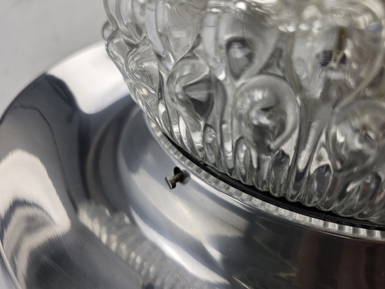 Image 1 of Plafonnier vintage anneau chromé et abat-jour en verre bullé