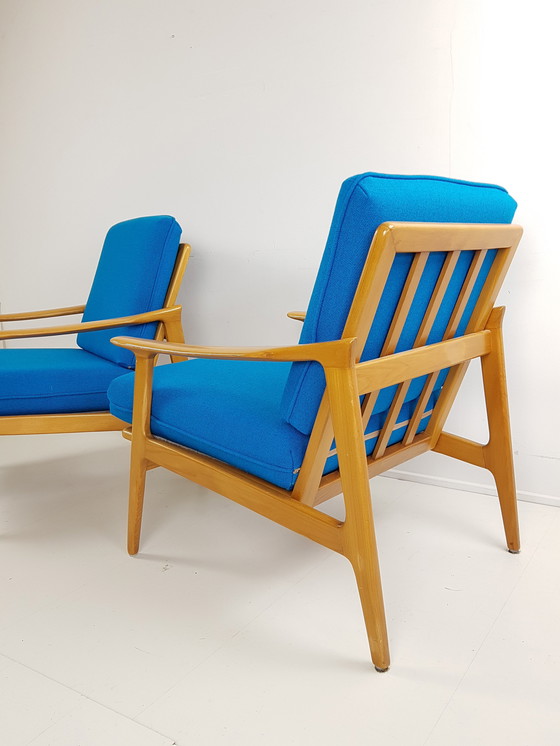 Image 1 of Vintage wooden armchairs blue plough fabric | wool blue cobalt