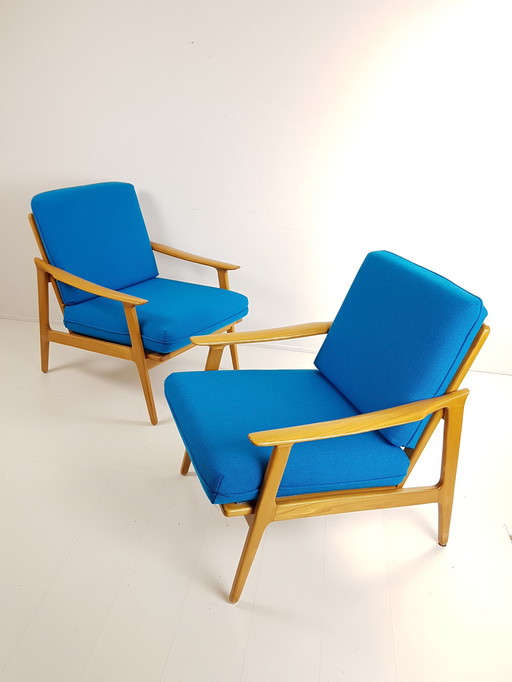 Vintage wooden armchairs blue plough fabric | wool blue cobalt