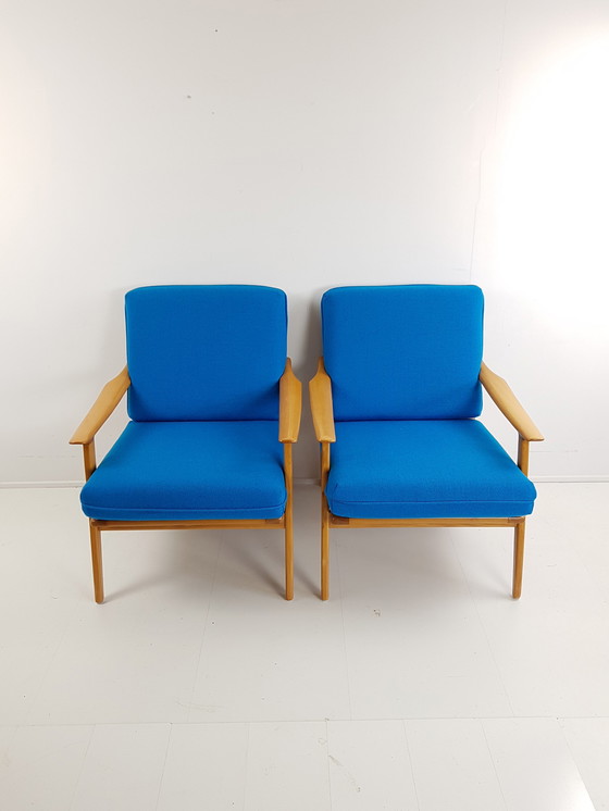 Image 1 of Vintage wooden armchairs blue plough fabric | wool blue cobalt