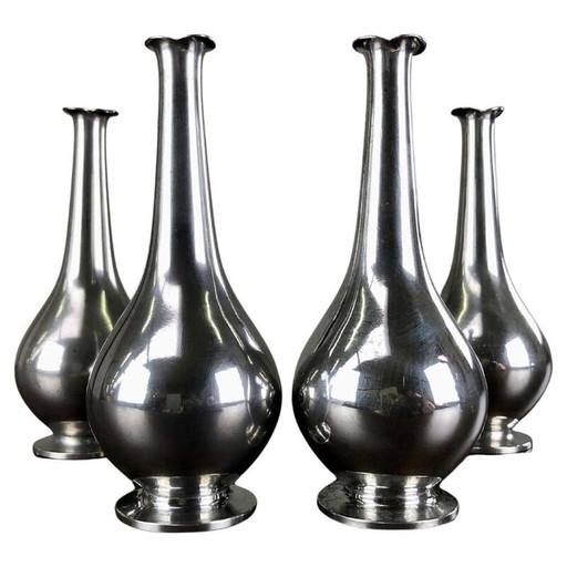 Conjunto de cuatro jarrones vintage art déco de peltre de Just Andersen, Dinamarca, 1930