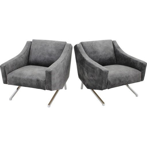 Pair of vintage armchairs in black velvet and chrome, Italy 1970s