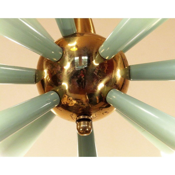 Image 1 of Vintage 12-light Sputnik Starburst chandelier in green metal and brass, 1950s