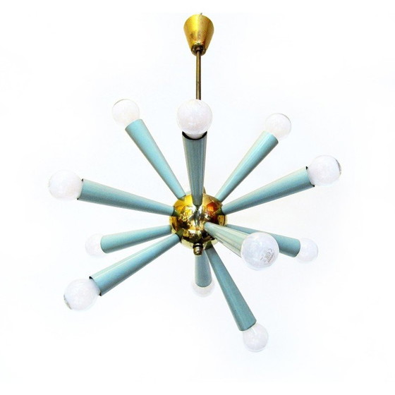 Image 1 of Vintage 12-light Sputnik Starburst chandelier in green metal and brass, 1950s