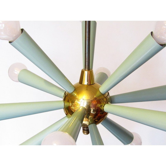 Image 1 of Vintage 12-light Sputnik Starburst chandelier in green metal and brass, 1950s