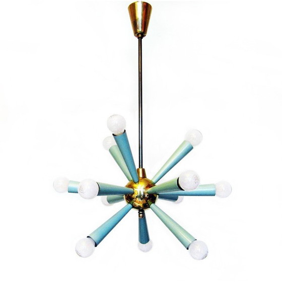 Image 1 of Vintage 12-light Sputnik Starburst chandelier in green metal and brass, 1950s