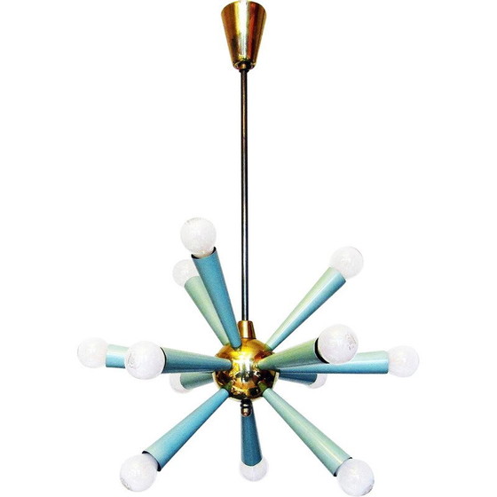 Image 1 of Vintage 12-light Sputnik Starburst chandelier in green metal and brass, 1950s