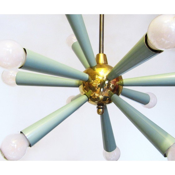 Image 1 of Vintage 12-light Sputnik Starburst chandelier in green metal and brass, 1950s