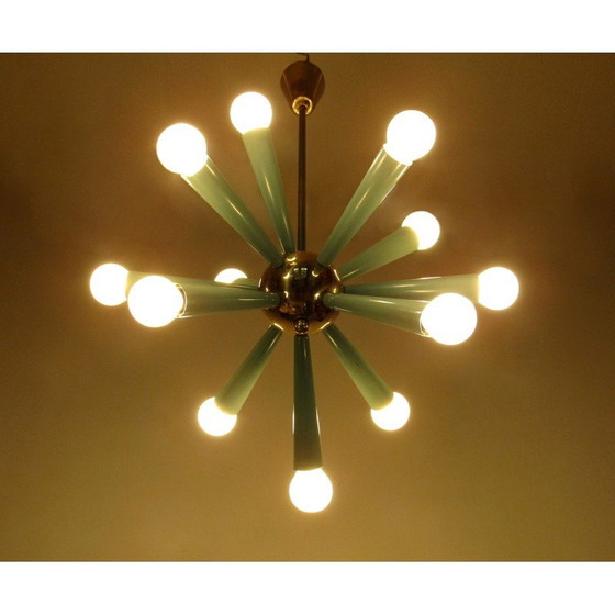 Image 1 of Vintage 12-light Sputnik Starburst chandelier in green metal and brass, 1950s