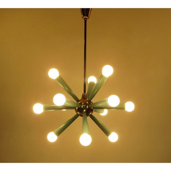 Image 1 of Vintage 12-light Sputnik Starburst chandelier in green metal and brass, 1950s