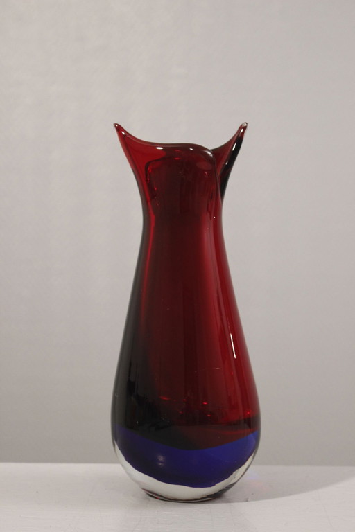 Vase Sommerso Murano Red & Blue Neck Drawn Italy 1960S Style Poli Seguso