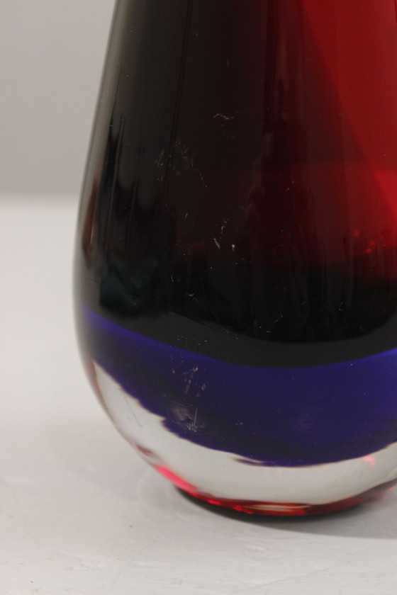 Image 1 of Vase Sommerso Murano Red & Blue Neck Drawn Italy 1960S Style Poli Seguso