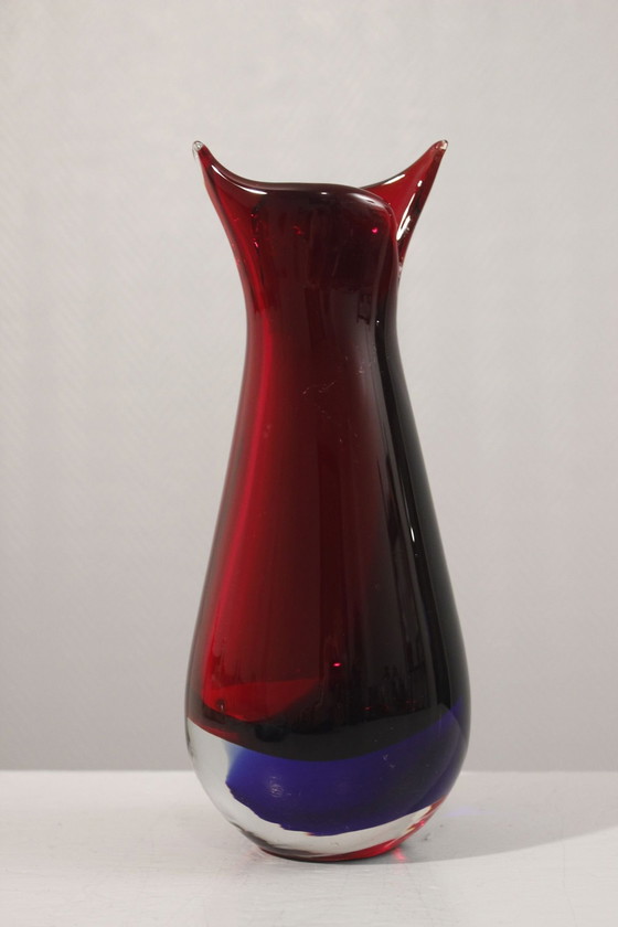Image 1 of Vase Sommerso Murano Red & Blue Neck Drawn Italy 1960S Style Poli Seguso