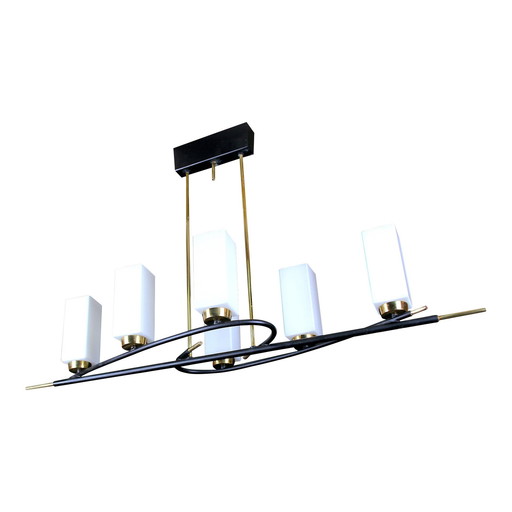 Maison Arlus Tall Black & Brass Chandelier, Six Rectangular White Glass Opalines, France Mid-Century