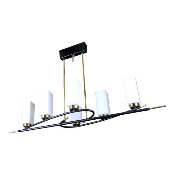 Image 1 of Maison Arlus Tall Black & Brass Chandelier, Six Rectangular White Glass Opalines, France Mid-Century