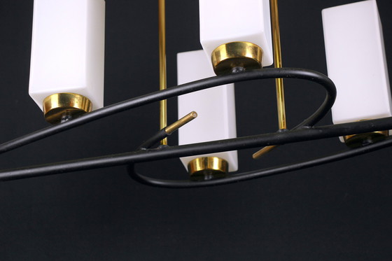 Image 1 of Maison Arlus Tall Black & Brass Chandelier, Six Rectangular White Glass Opalines, France Mid-Century