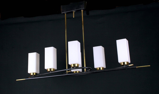 Image 1 of Maison Arlus Tall Black & Brass Chandelier, Six Rectangular White Glass Opalines, France Mid-Century