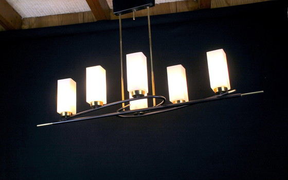 Image 1 of Maison Arlus Tall Black & Brass Chandelier, Six Rectangular White Glass Opalines, France Mid-Century