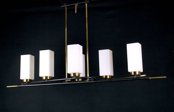 Image 1 of Maison Arlus Tall Black & Brass Chandelier, Six Rectangular White Glass Opalines, France Mid-Century