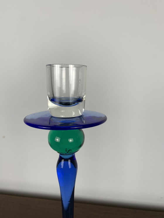 Image 1 of Duo Of Blue And Green Vintage Glass Candle Holder