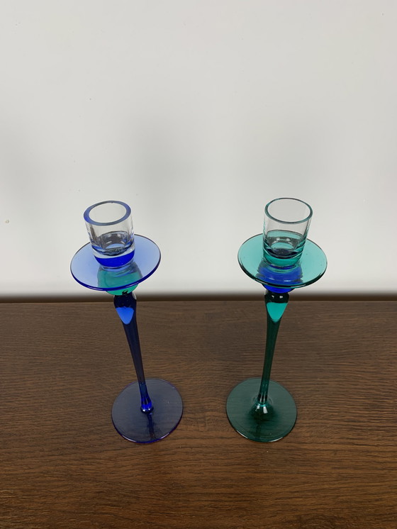 Image 1 of Duo Of Blue And Green Vintage Glass Candle Holder